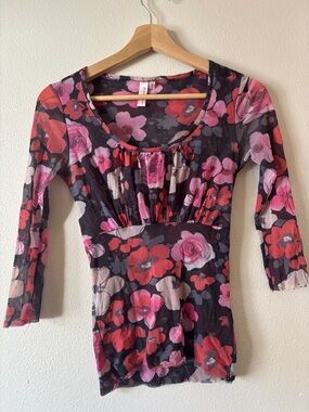 Vintage Sweetheart Mesh Sweat Pea Blouse Black Poppy Flower Print Size Small